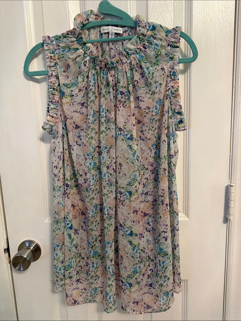 Maison D' Amelie Cream Floral Ruffle-Neck Blouse with Pastel Accents